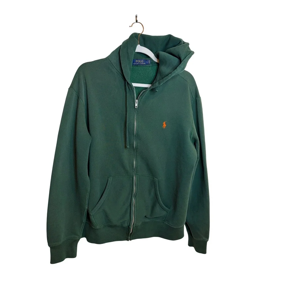 Polo Ralph Lauren Mens Green Full Zip Hoodie Orange Pony Fleece Sweatshirt Large